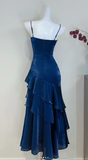 Spaghetti Strap Sheath Tulle Birthday Dresses, Navy Blue Formal Evening Dresses HZ1024
