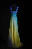V-neck Sheath Tulle Long Prom Dresses Yellow /Blue Formal Evening Dresses HZ1024