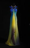 V-neck Sheath Tulle Long Prom Dresses Yellow /Blue Formal Evening Dresses HZ1024