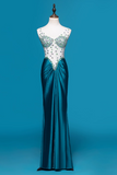 V-neck Sheath Satin Beaded Long Prom Dresses Blue Formal Evening Dresses HZ1024