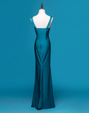 V-neck Sheath Satin Beaded Long Prom Dresses Blue Formal Evening Dresses HZ1024