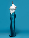 V-neck Sheath Satin Beaded Long Prom Dresses Blue Formal Evening Dresses HZ1024