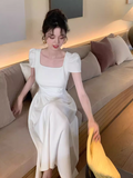 retro elegant A-line square neck puff sleeve dress HZ1024