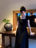 retro elegant A-line square neck puff sleeve dress HZ1024