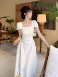retro elegant A-line square neck puff sleeve dress HZ1024