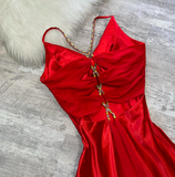 V-neck Sheath Satin Wedding Guest Dresses Red Formal Evening Dresses HZ1024