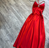 V-neck Sheath Satin Wedding Guest Dresses Red Formal Evening Dresses HZ1024