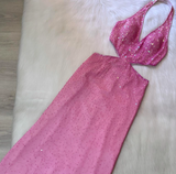Halter Sheath Beaded Sequin Wedding Guest Dresses Pink Formal Evening Dresses HZ1024