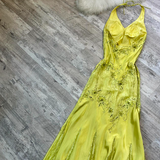 Halter Sheath Satin Lace Beaded Wedding Guest Dresses Yellow Formal Evening Dresses HZ1024