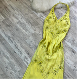 Halter Sheath Satin Lace Beaded Wedding Guest Dresses Yellow Formal Evening Dresses HZ1024