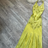 Halter Sheath Satin Lace Beaded Wedding Guest Dresses Yellow Formal Evening Dresses HZ1024