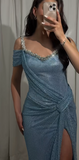 V-neck Sheath Mesh Slit Long Prom Dresses Gray Blue Formal Evening Dresses HZ1024