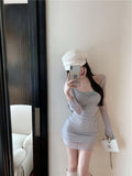 blue sexy hot girl style mesh long sleeves U-neck off-shoulder hip skirt HZ1024