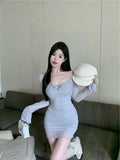 blue sexy hot girl style mesh long sleeves U-neck off-shoulder hip skirt HZ1024