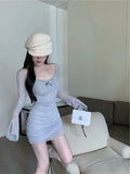 blue sexy hot girl style mesh long sleeves U-neck off-shoulder hip skirt HZ1024