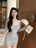 blue sexy hot girl style mesh long sleeves U-neck off-shoulder hip skirt HZ1024