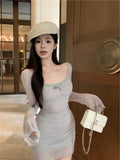 blue sexy hot girl style mesh long sleeves U-neck off-shoulder hip skirt HZ1024