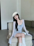 blue sexy hot girl style mesh long sleeves U-neck off-shoulder hip skirt HZ1024