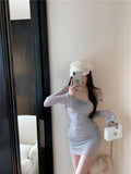blue sexy hot girl style mesh long sleeves U-neck off-shoulder hip skirt HZ1024