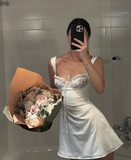 Strap Sheath Satin Lace Short Prom Dresses, White Homecoming Dresses HZ1024
