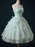 Strapless Ball Gown Lace Applique Short Birthday Dress Cute Green Lolita Dress HZ1024