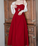 Kong style retro red velvet suspender dress HZ1024