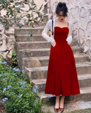 Kong style retro red velvet suspender dress HZ1024