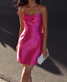 Halter Sheath Satin Short Prom Dresses, Fuchsia Homecoming Dresses HZ1024