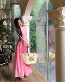 holiday style a-line pink sleeveless backless suspender dress HZ1024