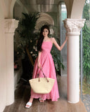 holiday style a-line pink sleeveless backless suspender dress HZ1024
