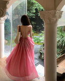 holiday style a-line pink sleeveless backless suspender dress HZ1024