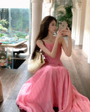 holiday style a-line pink sleeveless backless suspender dress HZ1024