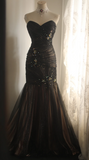 Sweetheart Mermaid Tulle Beaded Long Prom Dresses, Black Formal Dresses HZ1024