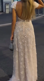 Square Neck Sheath Chiffon Appliqu¨¦ Long Prom Dresses, White Backless Formal Dresses HZ1024