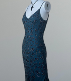 Spaghetti Strap Sheath Chiffon Beaded Long Prom Dresses, Jade Backless Formal Dresses HZ1024
