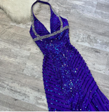 V-neck Memaid Chiffon beaded Long Prom Dresses, Blue Backless Formal Evening Dresses HZ1024