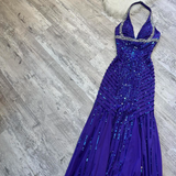 V-neck Memaid Chiffon beaded Long Prom Dresses, Blue Backless Formal Evening Dresses HZ1024