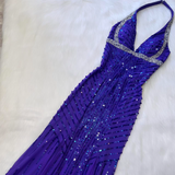 V-neck Memaid Chiffon beaded Long Prom Dresses, Blue Backless Formal Evening Dresses HZ1024