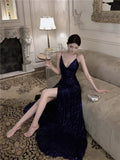 Blue Spaghetti Strap A-Line V-Neck Sequined Long Prom Dress, Adult Ceremony Graduation Evening dress HZ1024