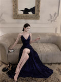 Blue Spaghetti Strap A-Line V-Neck Sequined Long Prom Dress, Adult Ceremony Graduation Evening dress HZ1024