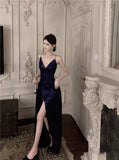Blue Spaghetti Strap A-Line V-Neck Sequined Long Prom Dress, Adult Ceremony Graduation Evening dress HZ1024