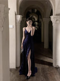 Blue Spaghetti Strap A-Line V-Neck Sequined Long Prom Dress, Adult Ceremony Graduation Evening dress HZ1024