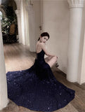 Blue Spaghetti Strap A-Line V-Neck Sequined Long Prom Dress, Adult Ceremony Graduation Evening dress HZ1024