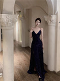 Blue Spaghetti Strap A-Line V-Neck Sequined Long Prom Dress, Adult Ceremony Graduation Evening dress HZ1024