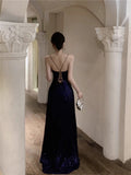 Blue Spaghetti Strap A-Line V-Neck Sequined Long Prom Dress, Adult Ceremony Graduation Evening dress HZ1024