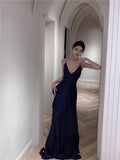 Blue Spaghetti Strap A-Line V-Neck Sequined Long Prom Dress, Adult Ceremony Graduation Evening dress HZ1024
