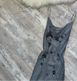 Spaghetti Strap Sheath Chiffon Beaded Long Prom Dresses, Dark Gray Formal Evening Dresses HZ1024