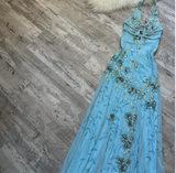 V neck Sheath Chiffon Beaded Long Prom Dresses, Blue Backless Formal Evening Dresses HZ1024