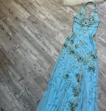 V neck Sheath Chiffon Beaded Long Prom Dresses, Blue Backless Formal Evening Dresses HZ1024