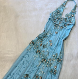 V neck Sheath Chiffon Beaded Long Prom Dresses, Blue Backless Formal Evening Dresses HZ1024